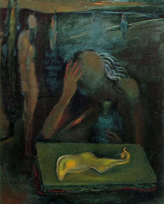 Seated Figure Contemplating a 'Great Tapeworm Masturbator' (1981) by Salvador Dalí