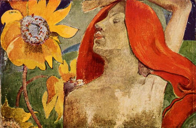 Redheaded woman and sunflowers (1890) by Paul Gauguin